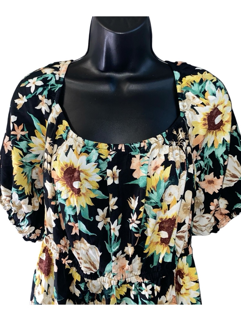 Torrid Sunflower Babydoll Dress Plus 1X Pockets Puffy Sleeve Fit & Flair Boho